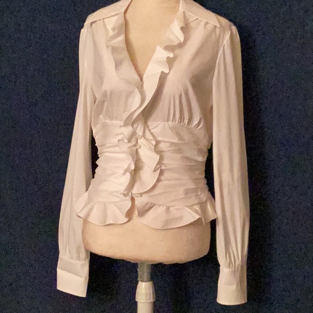 PER SE white, long sleeves, button down, gather pleated waist, elegant shirt # 6
